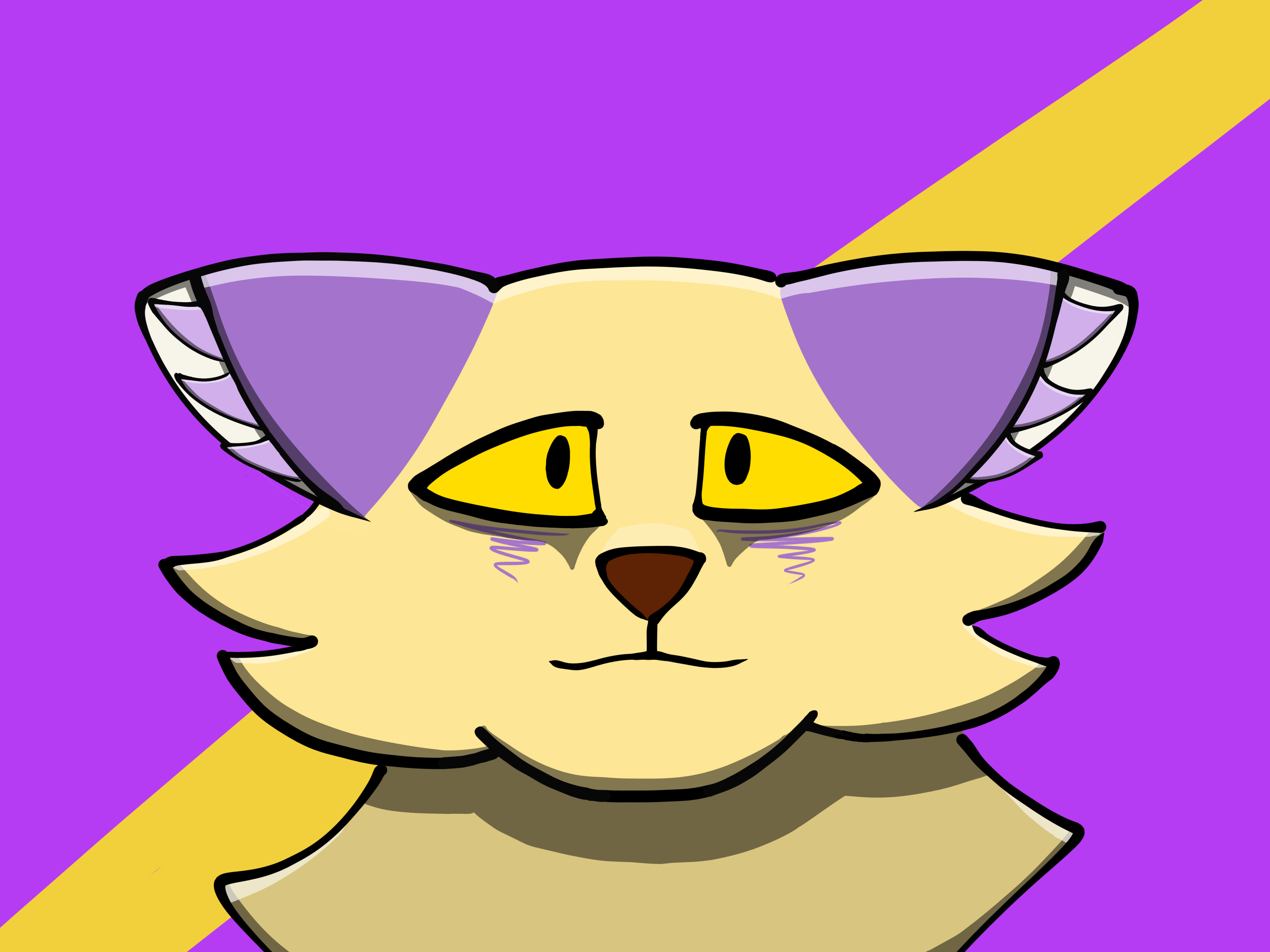 Front-facing digital drawing of Anori, a stylized cream-colored cat with purple ears and yellow eyes, with a calm slightly-melancholic expression, on a simple background.